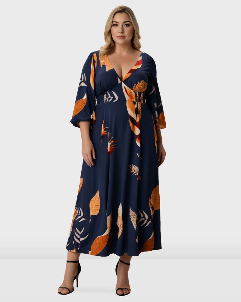 Front of a model wearing a size 5X-32W Leaf Print Crepe Banded Empire Dress in Navy by eShakti. | dia_product_style_image_id:324161